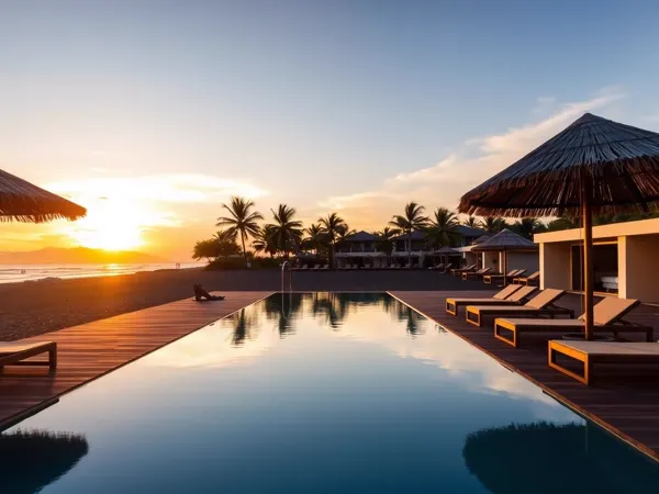 Beachfront pool deck in Berawa at sunset with loungers facing the Indian Ocean