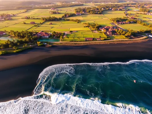 Aerial view of Canggu's black sand surf beach with rice fields and villas behind it