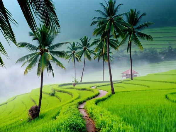 Green rice terraces and coconut palms along a quiet lane in Pererenan
