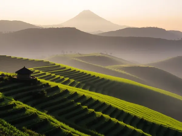 Terraced rice fields of Tabanan rolling towards a volcano at sunrise