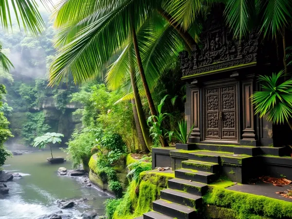 Jungle river valley in Ubud with a carved stone temple gate and mossy steps