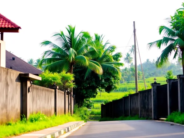 Quiet residential lane in Umalas between villa walls and open rice fields